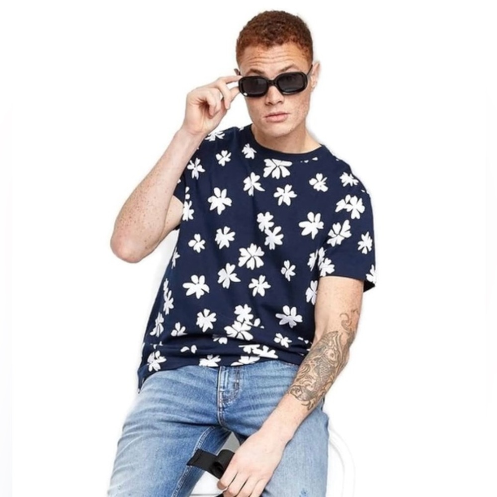 New Original Use Men's Floral Print Short Sleeve T-Shirt Navy Blue XXL NWT